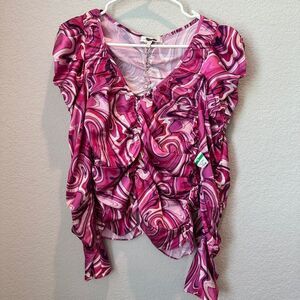NWT WAYF Pink Swirl Retro Puff Sleeve Ruched V-Neck Vibrant Top - Size S